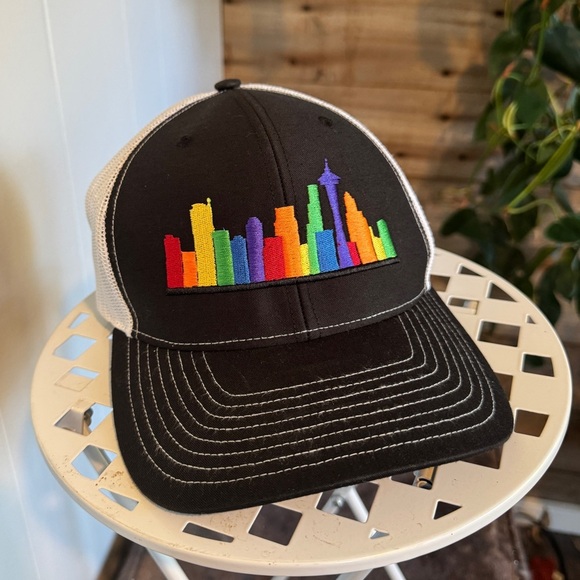 Richardson Accessories - 🌈 ✨ Rainbow Seattle Skyline Trucker Hat | Black Front, White Mesh Back 🧢🌈